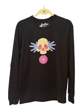 Threadless Black Sweatshirt with Yellow Skull and Pink & Blue Accents Size M